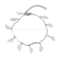 304 Stainless Steel Leaf Charm Bracelets, with Bar Link Chains, Stainless Steel Color, 7-1/2 inch(19cm)(BJEW-JB05958-04)