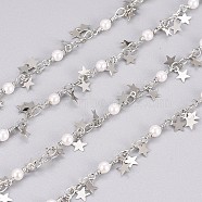 3.28 Feet Handmade Brass Beaded Chains, with Brass Charms, Glass Imitation Pearl, Soldered, Long-Lasting Plated, Star, White, Platinum, 10.5x3.2x3mm, 3.5x2.5x0.3mm(X-CHC-I029-05P)