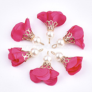 Iron Pendants, with Cloth and ABS Plastic Imitation Pearl, Flower, Golden, Fuchsia, 25~32x15~25mm, Hole: 1~4mm(X-FIND-T033-07L)