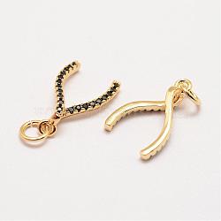 Brass Micro Pave Grade AAA Cubic Zirconia Pendants, Long-Lasting Plated, Wishbone, Cadmium Free & Nickel Free & Lead Free, Real 18K Gold Plated, 17x10x4mm, Hole: 3mm(ZIRC-G090-46G-NR)