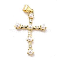 Brass Micro Pave Cubic Zirconia Pendants, with Plastic Imitation Pearl, Long-Lasting Plated, Real 18K Gold Plated, Cross, Clear, 31x20.5x4.5mm, Hole: 4.5x3.5mm(KK-H433-49G)