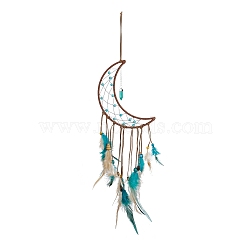 Handmade Leather Woven Net/Web with Feather Wall Hanging Decoration, with Iron Rings, Wooden Beads & Synthetic Turquoise, for Home Offices Amulet Ornament, Moon Pattern, 650mm(HJEW-G015-08A)