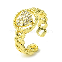 Brass Micro Pave Cubic Zirconia Open Cuff Rings, Hollow Heart, Real 16K Gold Plated, Inner Diameter: 18mm(RJEW-K256-21G)