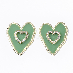 Epoxy Resin Cabochons, with Crystal Rhinestone and Light Gold Plated Alloy Open Back Bezel, Heart, Green, 36.5x31x4mm(RESI-S381-01A)