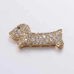 Brass Micro Pave Cubic Zirconia Puppy Pendants, Multi-strand Links connectors, Long-Lasting Plated, Real 18K Gold Plated, Sausage Dog/Dachshund, 10x23x5mm, Hole: 1x3mm(ZIRC-G125-35G)