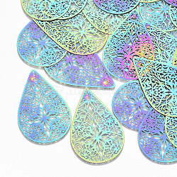 Ion Plating(IP) 201 Stainless Steel Filigree Joiners Links, Etched Metal Embellishments, Teardrop, Rainbow Color, 52.5x34x0.3mm(STAS-S108-63)