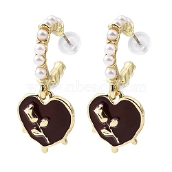Valentine's Day Alloy Enamel Dangle Stud Earrings, with Resin Pearl, Heart, Golden, 35~36x15.5mm(EJEW-G466-02G)