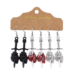 3 Pairs Sword Pierced Heart Dangle Earrings Set, Vintage Gothic Punk Style Halloween Accessories, Mixed Color, (AF3404)