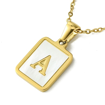 Ion Plating(IP) Rectangle with Initial Letter 304 Stainless Steel Pendant Necklace, white Shell, Real 18K Gold Plated, Letter A, 16.06 inch(40.8cm)