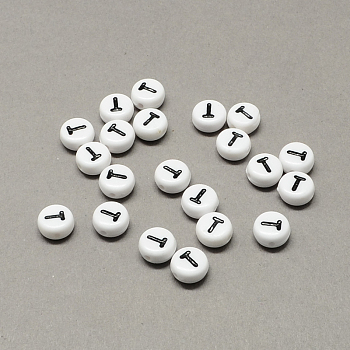 White and Black Acrylic Horizontal Hole Letter Beads, Flat Round with Letter.T, 7x4mm, Hole: 1.3mm, about 3600pcs/500g