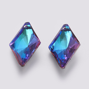 K9 Glass Rhinestone Pendants, Imitation Austrian Crystal, Faceted, Rhombus, Bermuda Blue, 27x17x8.5mm, Hole: 1.6mm