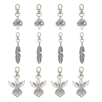 12Pcs 3 Style Tibetan Style Alloy Keychain, with Swivel Lobster Claw Clasps and Iron Open Jump Rings, Tree of Life & Angel & Leaf/Feather, Antique Silver, 60~94mm, Hole: 10.5x6.4mm, 4pcs/style