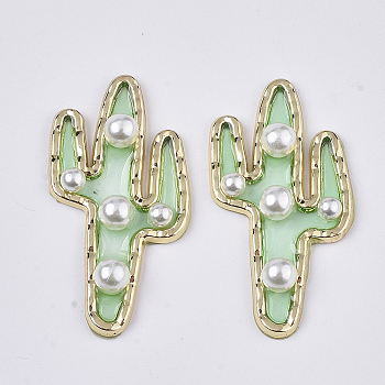 Epoxy Resin Cabochons, with ABS Plastic Imitation Pearl and Light Gold Plated Brass Open Back Bezel, Cactus, Pale Green, 38~39x20~21x5mm