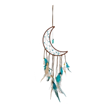 Handmade Leather Woven Net/Web with Feather Wall Hanging Decoration, with Iron Rings, Wooden Beads & Synthetic Turquoise, for Home Offices Amulet Ornament, Moon Pattern, 650mm