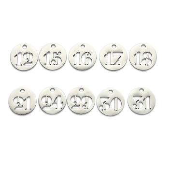 304 Stainless Steel Pendants, Cut-Out, Hollow, Flat Round with Number, Stainless Steel Color, Mixed, 19x1.5mm, Hole: 2.5mm
