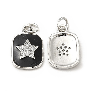 Brass Micro Pave Cubic Zirconia Pendants, with Enamel & Jump Ring, Rectangle with Star Charm, Platinum, Black, 16x11x2mm, Hole: 2.5mm