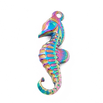 Ion Plating(IP) 304 Stainless Steel Pendants, Sea Horse, Rainbow Color, 29x11x4.5mm, Hole: 1.6mm