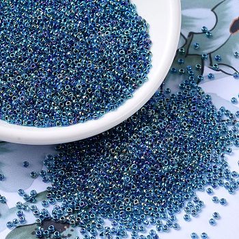 MIYUKI Round Rocailles Beads, Japanese Seed Beads, (RR339) Blue Lined Aqua AB, 11/0, 2x1.3mm, Hole: 0.8mm, about 1100pcs/bottle, 10g/bottle