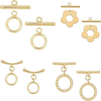 8Sets 4 Style Brass Toggle Clasps, Twist Ring & Ring & Flower , Real 18K Gold Plated, 18x14.5x4mm, Hole: 2mm