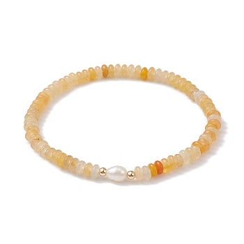 Natural Yellow Agate Rondelle & Pearl Beaded Stretch Bracelets, Inner Diameter: 2-1/4 inch(5.8cm)