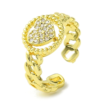 Brass Micro Pave Cubic Zirconia Open Cuff Rings, Hollow Heart, Real 16K Gold Plated, Inner Diameter: 18mm