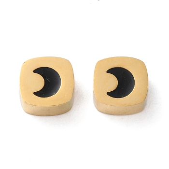 Ion Plating(IP) 304 Stainless Steel Beads, with Enamel, Square, Real 18K Gold Plated, Moon, 7.5x7.5x3.4mm, Hole: 2mm