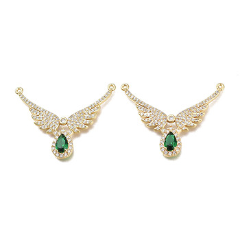 Brass Micro Pave Clear Cubic Zirconia Links, Wing, Real 18K Gold Plated, Green, 37~42x32~37x5mm, Hole: 1mm