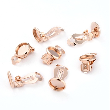 304 Stainless Steel Clip-on Earring Setting, Flat Round, Rose Gold, 15.5x10x8mm, Hole: 3mm, Tray: 8mm