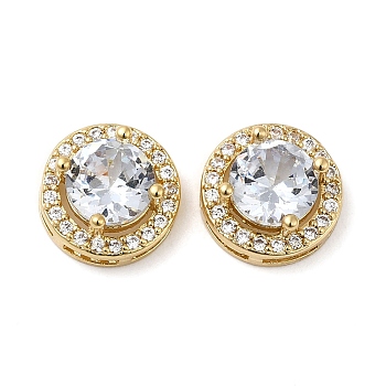 Brass Micro Pave Cubic Zirconia Beads, with Glass, Flat Round, Real 14K Gold Plated, 11.5x5.8mm, Hole: 0.5x4mm