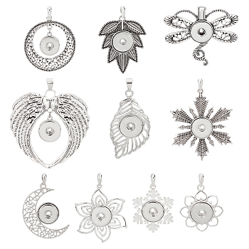 CHGCRAFT 10Pcs 10 Style Alloy Hang Snap Base Pendant, for Interchangeable Snap Charms Jewelry Making, Maple Leaf & Wing & Snowflake, Antique Silver, 43~69x34~68x5~6.5mm, Hole: 8~9x4~6.5mm, 1pc/style