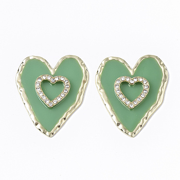 Epoxy Resin Cabochons, with Crystal Rhinestone and Light Gold Plated Alloy Open Back Bezel, Heart, Green, 36.5x31x4mm