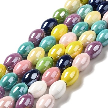 Handmade Porcelain Beads Strands, Pearlized, Oval, Mixed Color, 11x14mm, Hole: 3.5mm, about 21pcs/strand, 11.61''(29.5cm)
