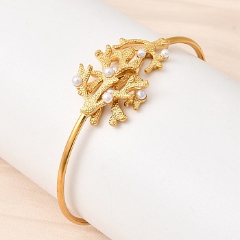304 Stainless Steel Imitation Pearl Cuff Bangles, Terminal Bangles for Women, Imitation Coral, Ion Plating(IP), Long-Lasting Plated, Golden, Inner Diameter: 1.89x2.28inch(4.8x5.8cm)