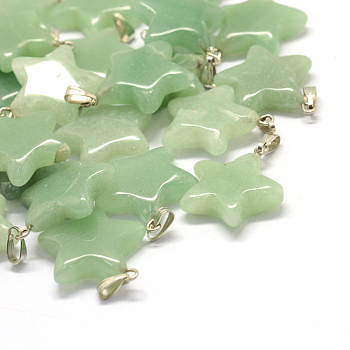Star Natural Green Aventurine Pendants, with Platinum Tone Brass Findings, 22~23x20~24x5~7mm, Hole: 2x7mm