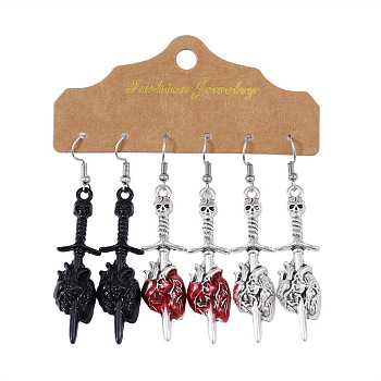 3 Pairs Sword Pierced Heart Dangle Earrings Set, Vintage Gothic Punk Style Halloween Accessories, Mixed Color, 