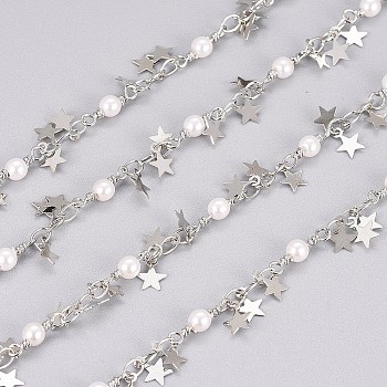 3.28 Feet Handmade Brass Beaded Chains, with Brass Charms, Glass Imitation Pearl, Soldered, Long-Lasting Plated, Star, White, Platinum, 10.5x3.2x3mm, 3.5x2.5x0.3mm