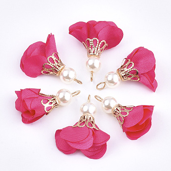 Iron Pendants, with Cloth and ABS Plastic Imitation Pearl, Flower, Golden, Fuchsia, 25~32x15~25mm, Hole: 1~4mm