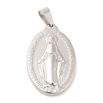 304 Stainless Steel Pendants, Oval with Virgin Mary, Stainless Steel Color, 31x20x3.5mm, Hole: 7.5x4mm