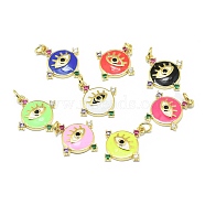Brass Micro Pave Cubic Zirconia Pendants, with Enamel and Jump rings, Real 18K Gold Plated, Long-Lasting Plated, Flat Round with Eye, Colorful, Mixed Color, 19.5x17x3.5mm, Hole: 3mm, Jump rings:5x0.7(KK-M207-F02)