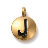 304 Stainless Steel Black Enamel Charms, Golden, Flat Round with Letter Charm, Letter J, 11x8x2.5mm, Hole: 1.8mm(STAS-R009-01G-J)