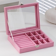Rectangle Velvet Jewelry Organizer Boxes, Clear Visible Window Case for Rings, Earrings, Necklaces, Hot Pink, 20x15x5cm(PW-WG75798-03)