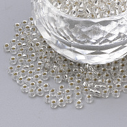 12/0 Grade A Round Glass Seed Beads, Silver Lined, Clear, 2x1.5mm, Hole: 0.5mm, about 45000pcs/pound(SEED-A022-F12-34)