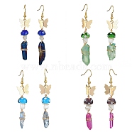 4 Pairs 4 Color Dyed Natural Quartz Crystal Nugget & Mushroom Lampwork Dangle Earrings, Golden Brass Butterfly Long Drop Earrings, Mixed Color, 63~75x6.5~11mm, 1 Pairs/color(EJEW-TA00335)