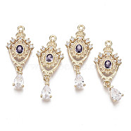 Brass Micro Pave Cubic Zirconia Links, with Glass, Long-Lasting Plated, Teardrop, Light Gold, Violet, 28x11.5x3mm, Hole: 1.2mm(KK-R111-041-A02)
