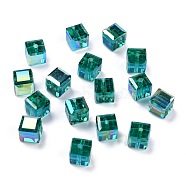 Electroplate Transparent Glass Beads, Faceted Cube, Rainbow Plated, Teal, 8x8x8mm, Hole: 1.8mm(X-EGLA-B003-01B-13)