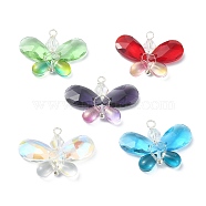 5Pcs 5 Color Glass Pendants, with Copper Wire Copper Wire Wrap Findings, Butterfly Charms, Mixed Color, 21~21.5x29~30x6mm, Hole: 2mm, 1Pc/clor(PALLOY-TA00052)