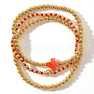 3Pcs Golden Luxury Brass Beaded Gothic Cross Ladies Elastic Bracelet Sets, Red, 6-1/2 inch(16.5cm)(MP9967-4)