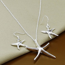 Starfish Alloy Dangle Earrings & Pendant Necklaces Sets, Silver, Necklaces: 450mm(FS-WGE4644-01)
