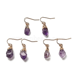 Natural Amethyst Dangle Earrings, Golden Brass Drop Earrings for Women, Nuggets, 34x11mm(EJEW-G413-01B-G)