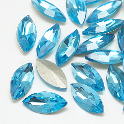 Pointed Back Glass Rhinestone Cabochons, Back Plated, Faceted, Horse Eye, Aquamarine, 15x7x4mm(RGLA-T083-7x15mm-12)